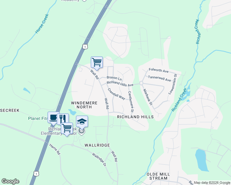 map of restaurants, bars, coffee shops, grocery stores, and more near 1116 Crendall Way in Wake Forest