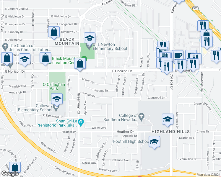 map of restaurants, bars, coffee shops, grocery stores, and more near 437 Chateau Dr in Henderson