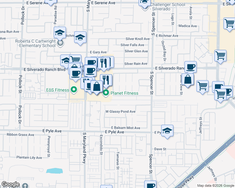 map of restaurants, bars, coffee shops, grocery stores, and more near 9861 Snowy Canyon Court in Las Vegas