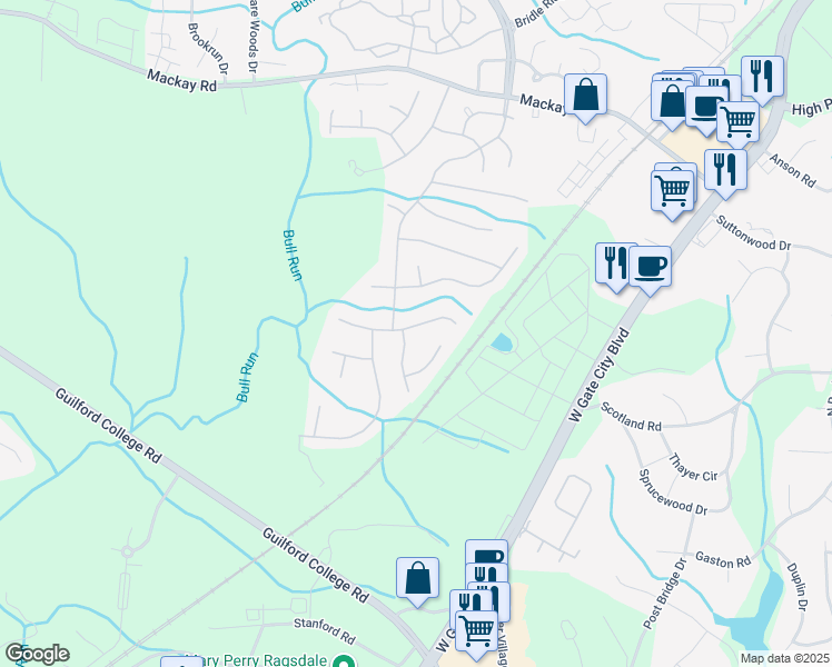 map of restaurants, bars, coffee shops, grocery stores, and more near 5509 Wellsley Drive East in Greensboro