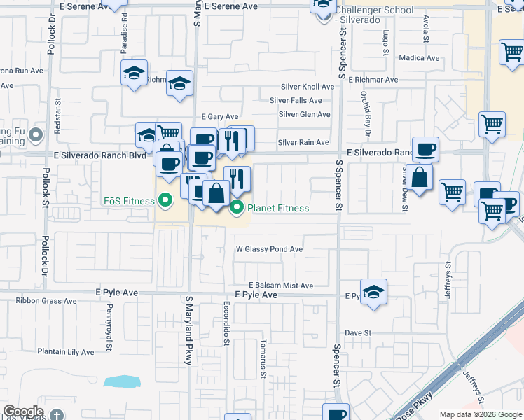 map of restaurants, bars, coffee shops, grocery stores, and more near 9861 Snowy Canyon Court in Las Vegas