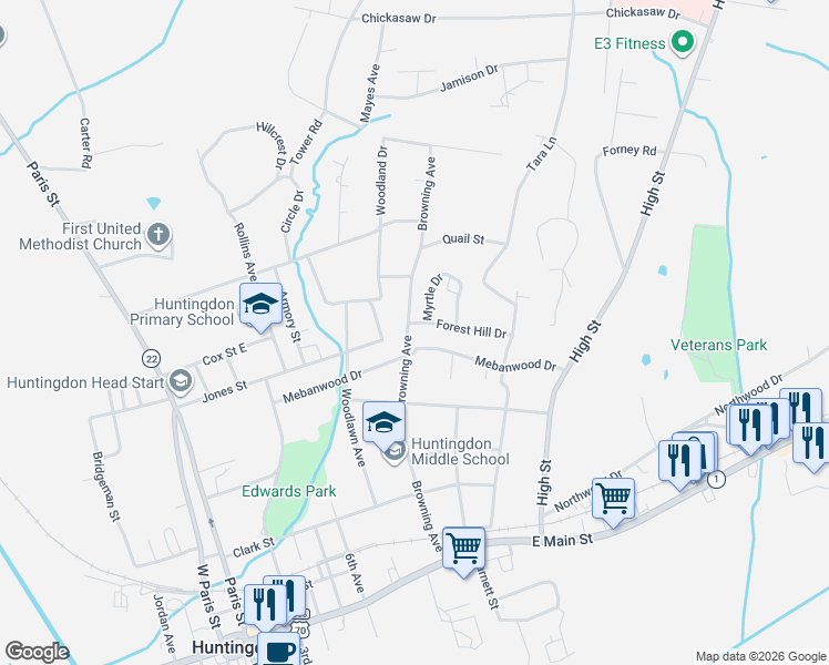 map of restaurants, bars, coffee shops, grocery stores, and more near 321 Browning Avenue in Huntingdon