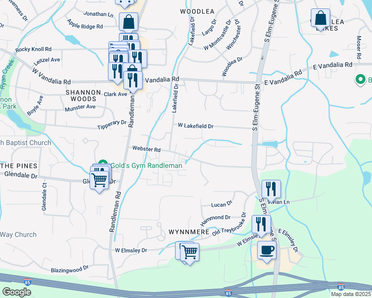 map of restaurants, bars, coffee shops, grocery stores, and more near 218 Webster Road in Greensboro