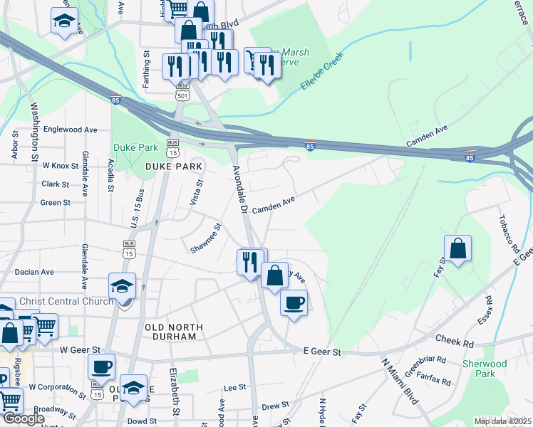 map of restaurants, bars, coffee shops, grocery stores, and more near 809 Colonial Street in Durham
