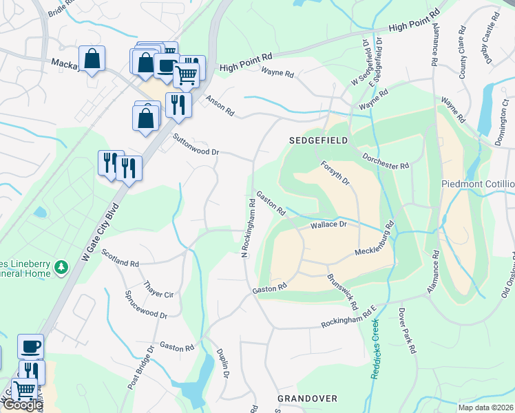 map of restaurants, bars, coffee shops, grocery stores, and more near 3323 North Rockingham Road in Greensboro