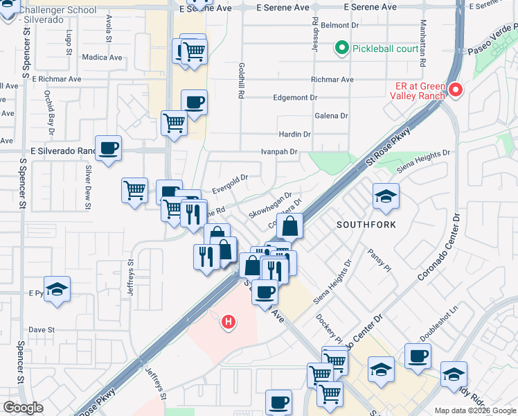 map of restaurants, bars, coffee shops, grocery stores, and more near 2886 Skowhegan Drive in Henderson