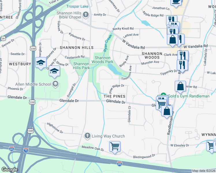 map of restaurants, bars, coffee shops, grocery stores, and more near 3 Pine Ridge Court in Greensboro