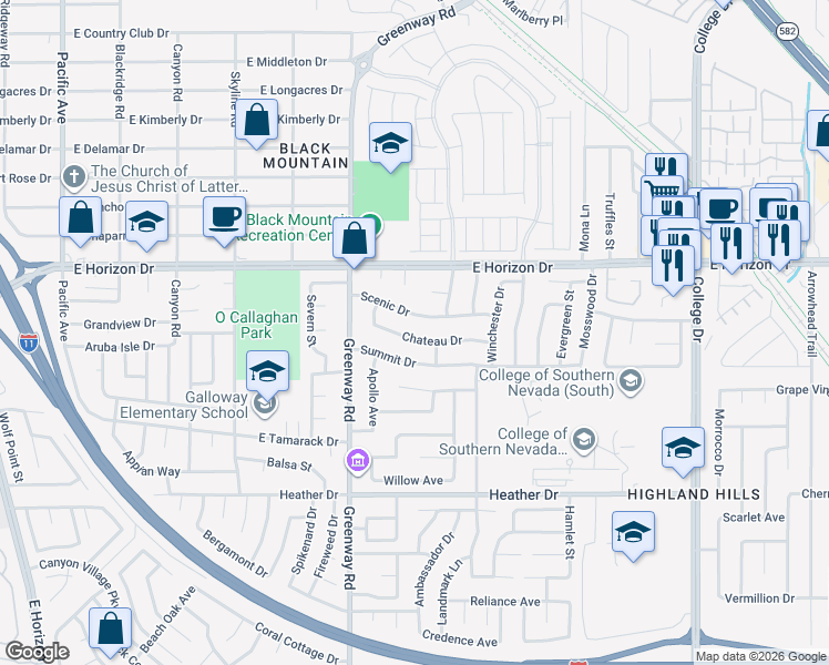 map of restaurants, bars, coffee shops, grocery stores, and more near 419 Chateau Drive in Henderson