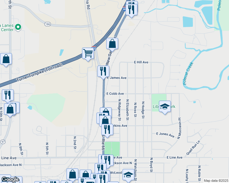 map of restaurants, bars, coffee shops, grocery stores, and more near 1121 East Cobb Avenue in Sapulpa