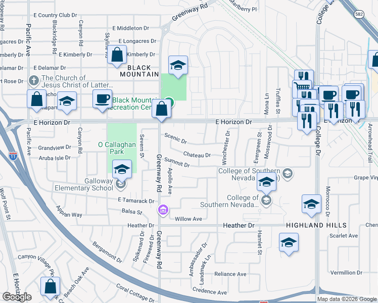 map of restaurants, bars, coffee shops, grocery stores, and more near 419 Chateau Drive in Henderson