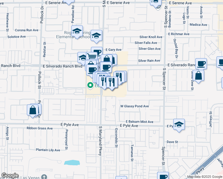 map of restaurants, bars, coffee shops, grocery stores, and more near 9876 South Maryland Parkway in Las Vegas
