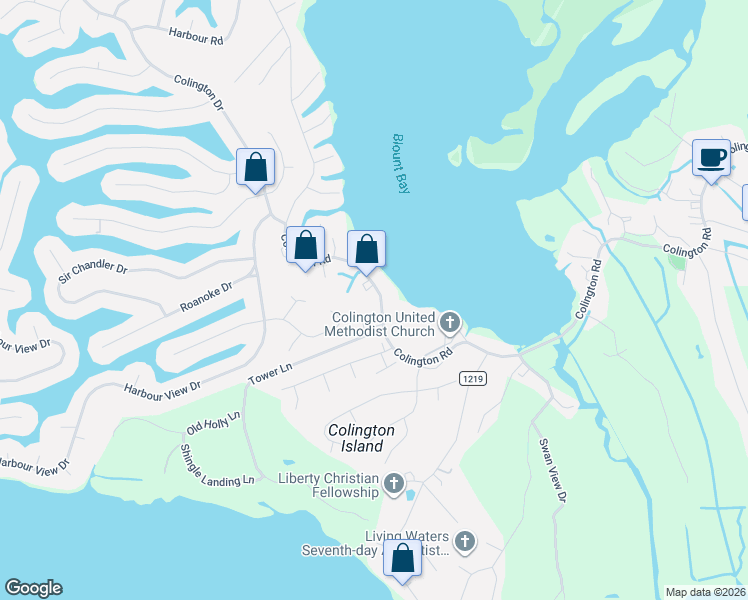 map of restaurants, bars, coffee shops, grocery stores, and more near 2101 Colington Road in Kill Devil Hills