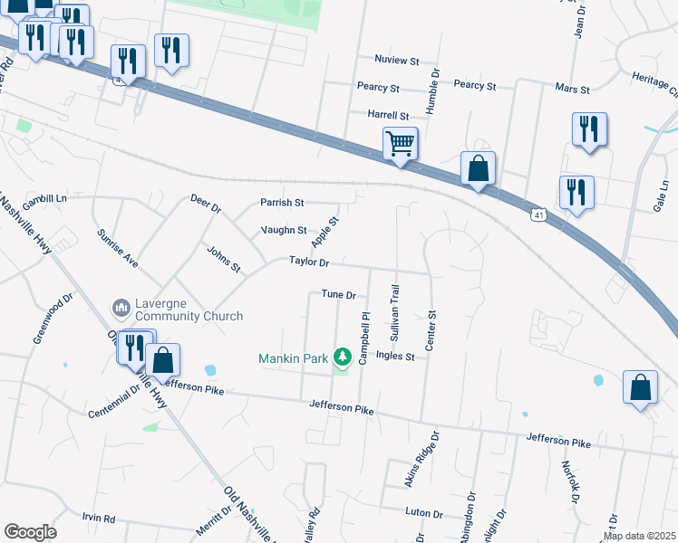 map of restaurants, bars, coffee shops, grocery stores, and more near 186 Taylor Drive in La Vergne