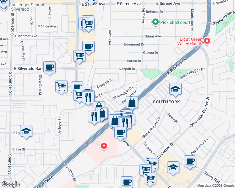 map of restaurants, bars, coffee shops, grocery stores, and more near 2886 Skowhegan Drive in Henderson