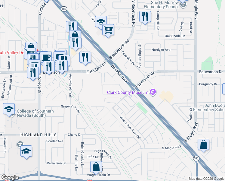 map of restaurants, bars, coffee shops, grocery stores, and more near 990 Equestrian Drive in Henderson