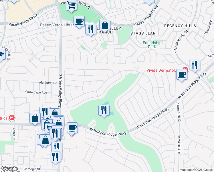 map of restaurants, bars, coffee shops, grocery stores, and more near 2107 Eagle Watch Drive in Henderson