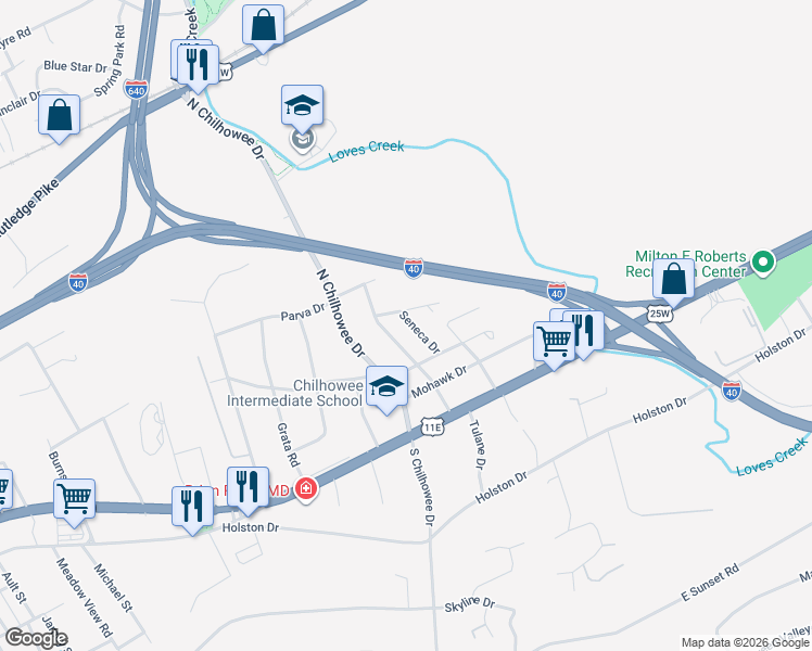 map of restaurants, bars, coffee shops, grocery stores, and more near 410 Seneca Drive in Knoxville