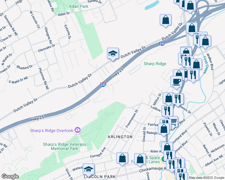 map of restaurants, bars, coffee shops, grocery stores, and more near 4009 Bedrock Way in Knoxville