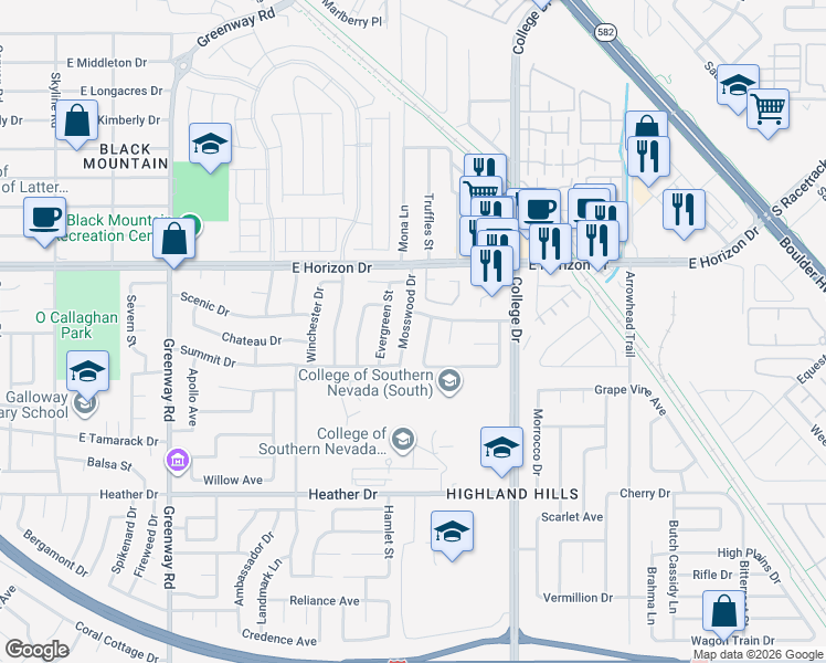map of restaurants, bars, coffee shops, grocery stores, and more near 614 Mosswood Drive in Henderson