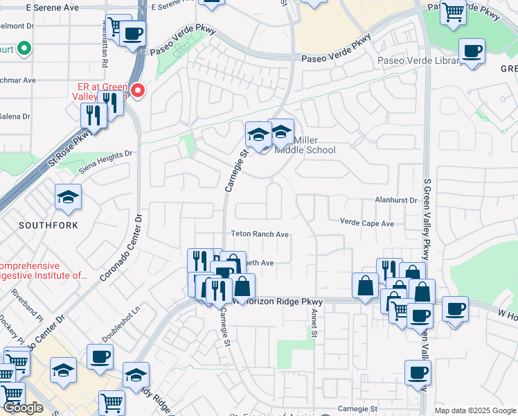 map of restaurants, bars, coffee shops, grocery stores, and more near 433 Beardsley Circle in Henderson