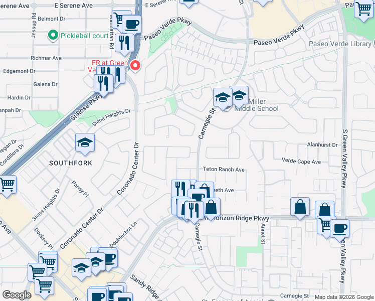 map of restaurants, bars, coffee shops, grocery stores, and more near 2501 Antique Blossom Avenue in Henderson