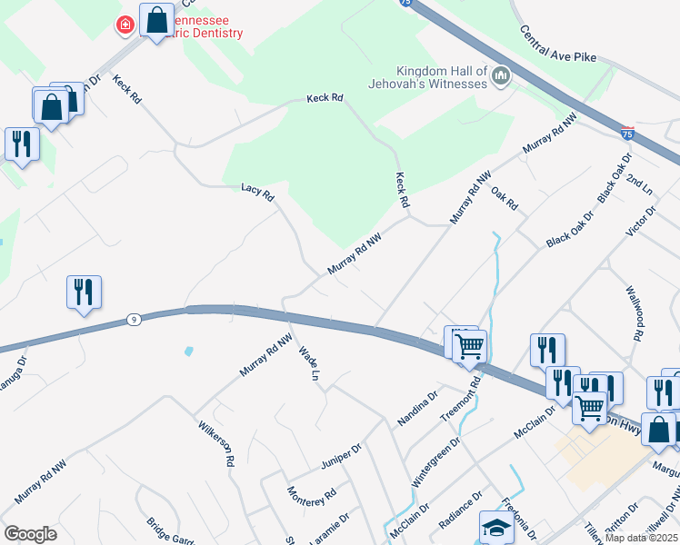 map of restaurants, bars, coffee shops, grocery stores, and more near 6122 Bill Murray Ln in Knoxville