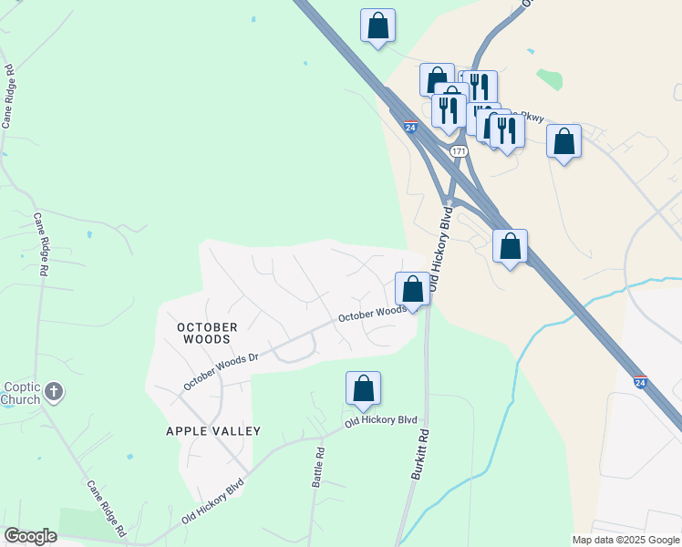 map of restaurants, bars, coffee shops, grocery stores, and more near 5004 Morningwood Lane in Nashville