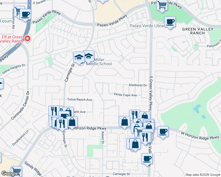 map of restaurants, bars, coffee shops, grocery stores, and more near 494 Cape Alan Drive in Henderson
