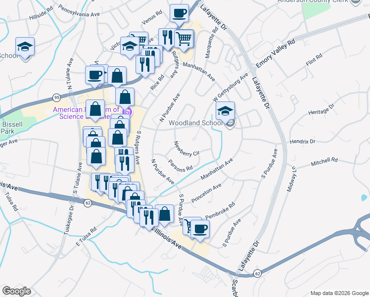 map of restaurants, bars, coffee shops, grocery stores, and more near 129 Newberry Circle in Oak Ridge