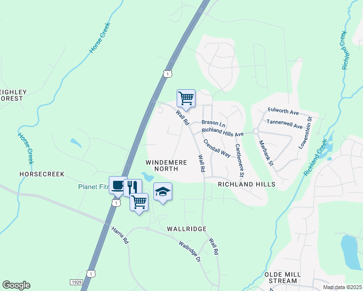 map of restaurants, bars, coffee shops, grocery stores, and more near 1024 Windemere Lane in Wake Forest