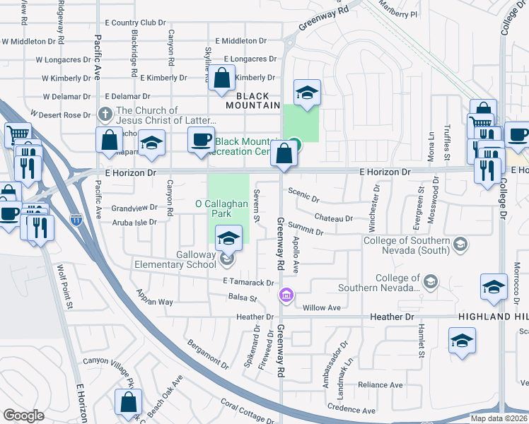 map of restaurants, bars, coffee shops, grocery stores, and more near Cove Court in Henderson