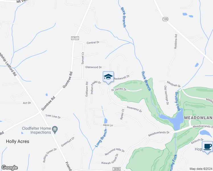 map of restaurants, bars, coffee shops, grocery stores, and more near 117 Indian Peaks Drive in Winston-Salem