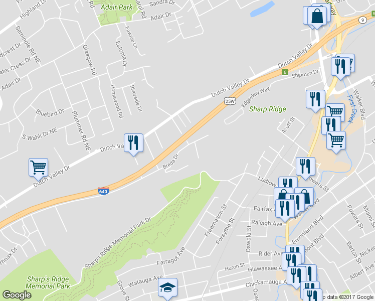 map of restaurants, bars, coffee shops, grocery stores, and more near 1722 Breda Drive in Knoxville