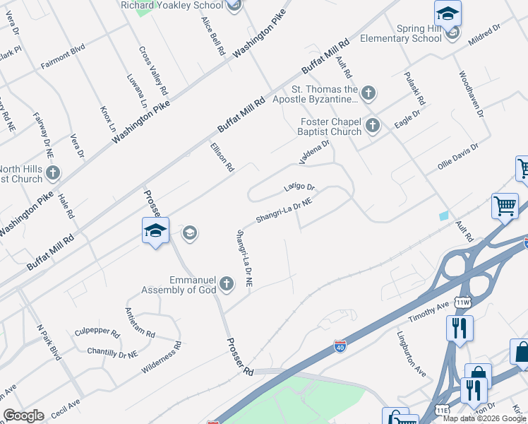 map of restaurants, bars, coffee shops, grocery stores, and more near 4119 Shangri-La Drive Northeast in Knoxville