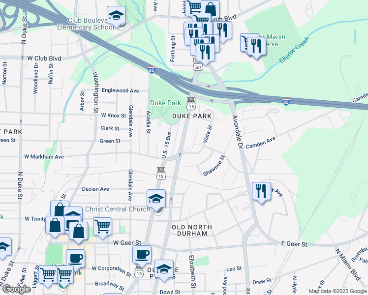 map of restaurants, bars, coffee shops, grocery stores, and more near 1602 North Roxboro Street in Durham