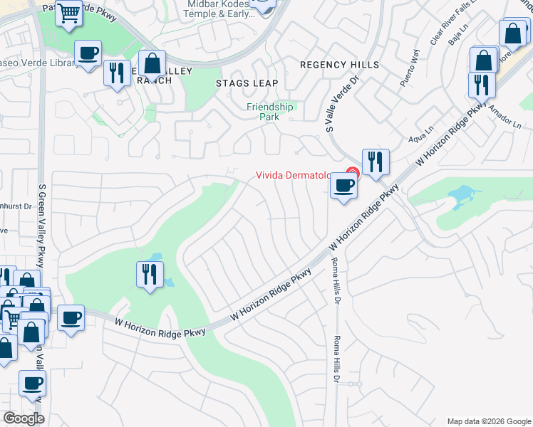 map of restaurants, bars, coffee shops, grocery stores, and more near 2017 High Mesa Drive in Henderson