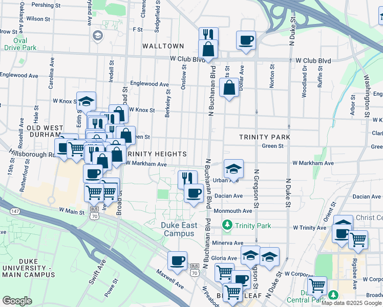 map of restaurants, bars, coffee shops, grocery stores, and more near 811 Lancaster Street in Durham