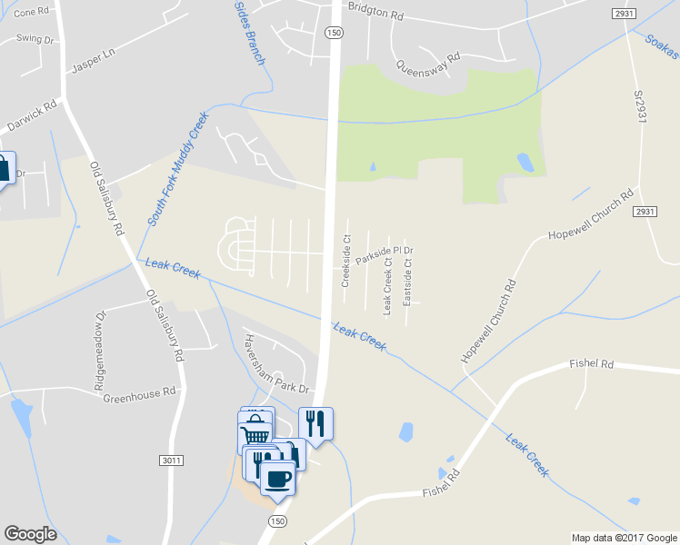 map of restaurants, bars, coffee shops, grocery stores, and more near 4010 Creekside Court in Winston-Salem
