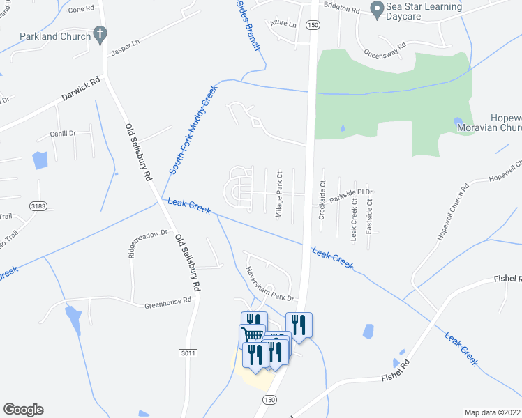 map of restaurants, bars, coffee shops, grocery stores, and more near 4042 Shallow Creek Court in Winston-Salem