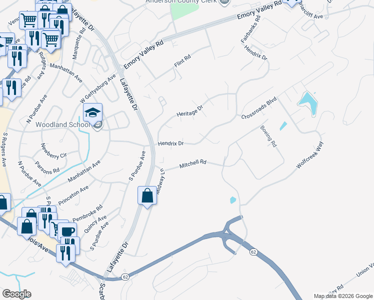 map of restaurants, bars, coffee shops, grocery stores, and more near 112 Hendrix Drive in Oak Ridge