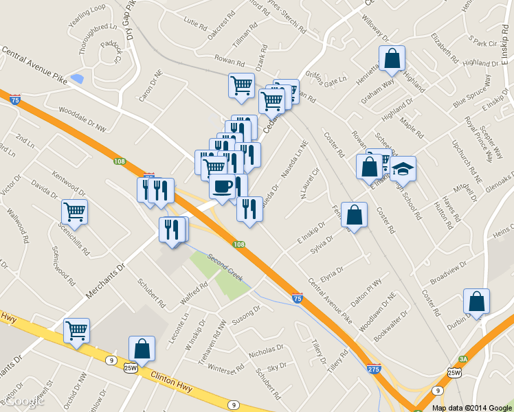 map of restaurants, bars, coffee shops, grocery stores, and more near 103 Naueda Drive in Knoxville