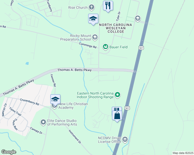 map of restaurants, bars, coffee shops, grocery stores, and more near 2912 Bishop Road in Rocky Mount