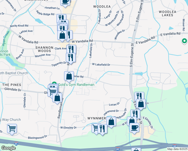map of restaurants, bars, coffee shops, grocery stores, and more near 220 Webster Road in Greensboro