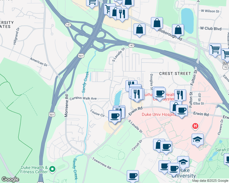 map of restaurants, bars, coffee shops, grocery stores, and more near 3301 McQueen Drive in Durham
