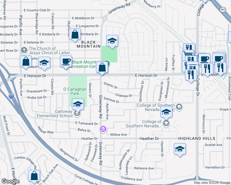 map of restaurants, bars, coffee shops, grocery stores, and more near 415 Chateau Drive in Henderson