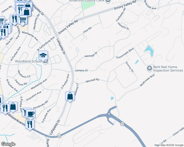map of restaurants, bars, coffee shops, grocery stores, and more near 112 Hendrix Drive in Oak Ridge