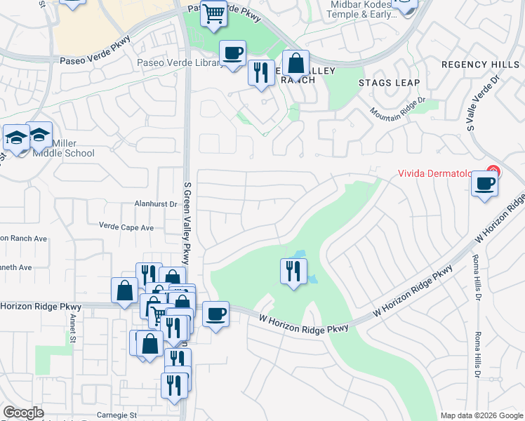 map of restaurants, bars, coffee shops, grocery stores, and more near 434 Piute Valley Court in Henderson