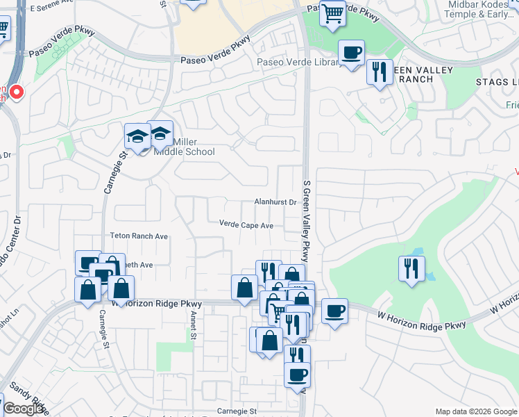 map of restaurants, bars, coffee shops, grocery stores, and more near 490 Beaconwood Street in Henderson