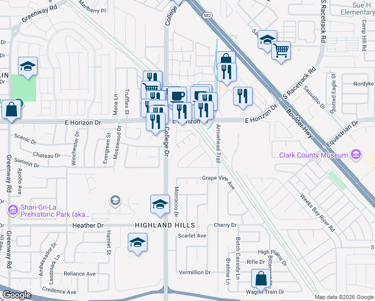 map of restaurants, bars, coffee shops, grocery stores, and more near 718 Breezy Ridge Drive in Henderson
