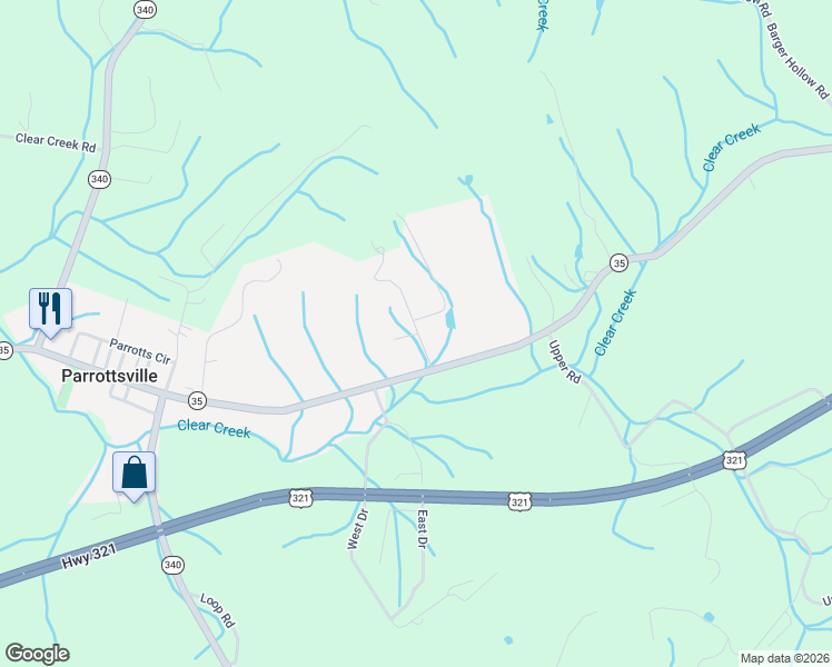 map of restaurants, bars, coffee shops, grocery stores, and more near 2225 Old Parrottsville Highway in Parrottsville